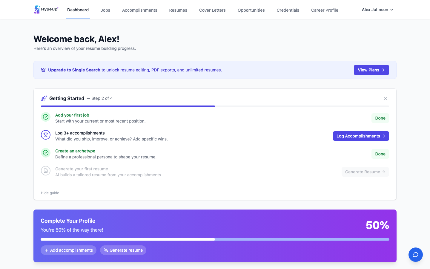 HypeUp dashboard showing career progress overview with accomplishments and resume stats